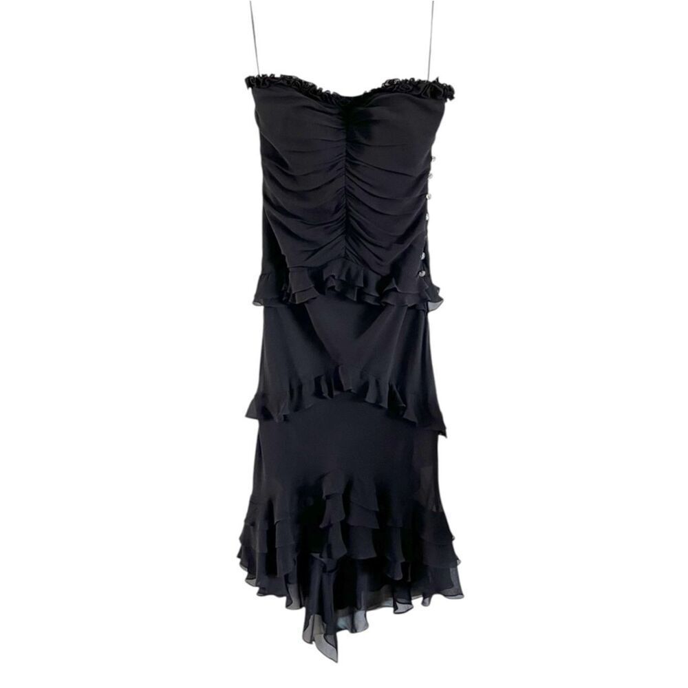 Vintage Cache Y2K Silk Strapless Ruched Ruffle Midi Evening Dress